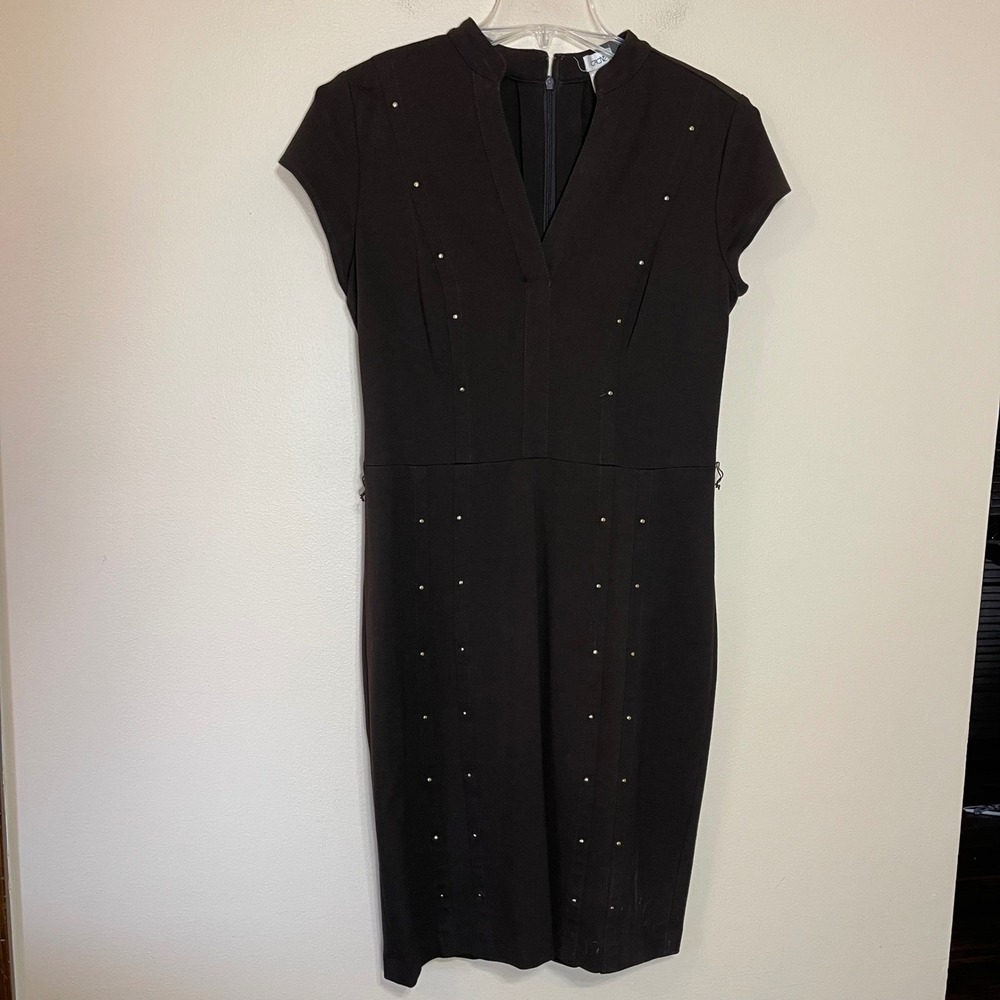 Cache Womens Brown Studded V-Neck Cap Sleeve Sheath Dress Size 12